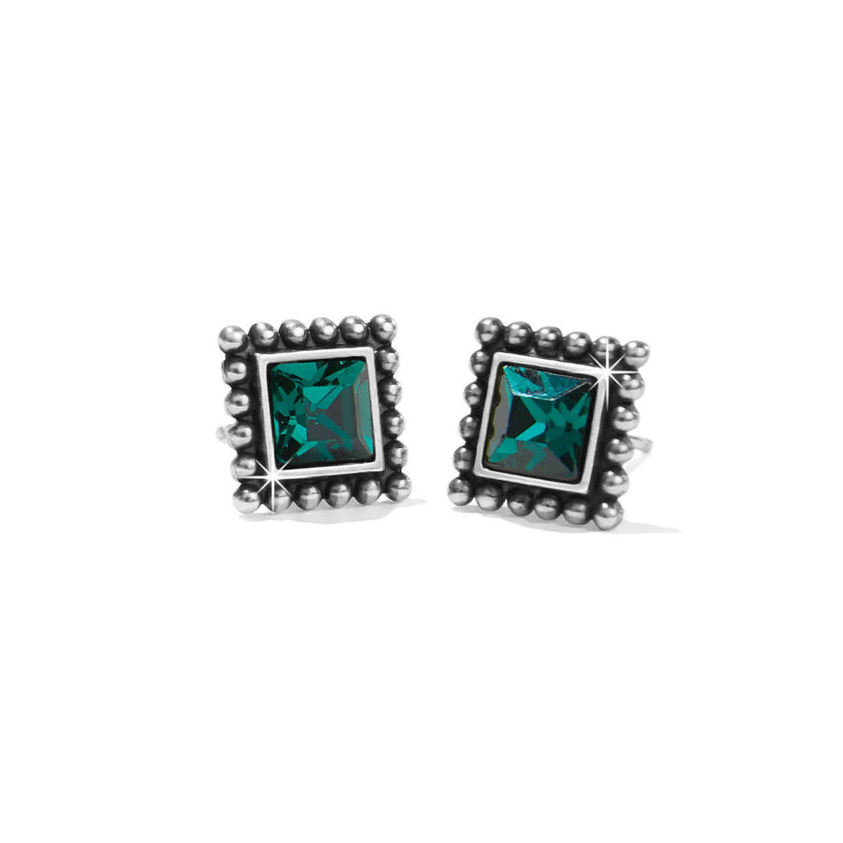 Silver-plated mini post earrings featuring square green crystals with a sparkling finish.