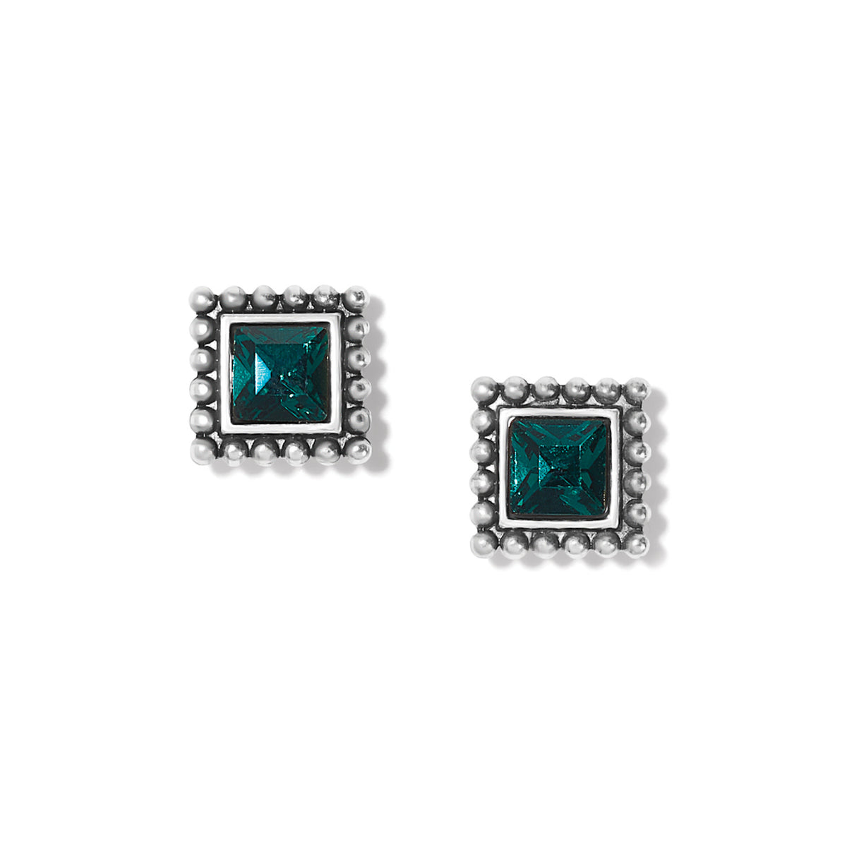 Silver-plated mini post earrings featuring a square green crystal drop.