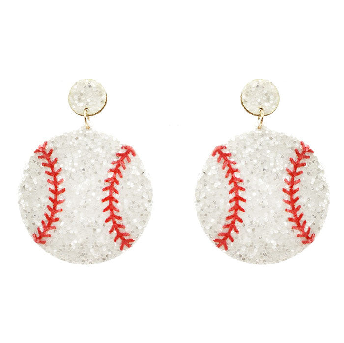 Sparkly baseball-themed stud earrings with a silver-tone finish.