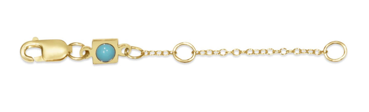Gold 2-inch necklace extender with a lobster clasp, turquoise bead accent, and two sizing rings.