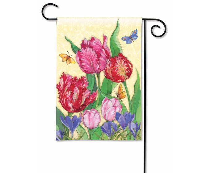 Garden flag featuring a colorful floral pattern on a white background.