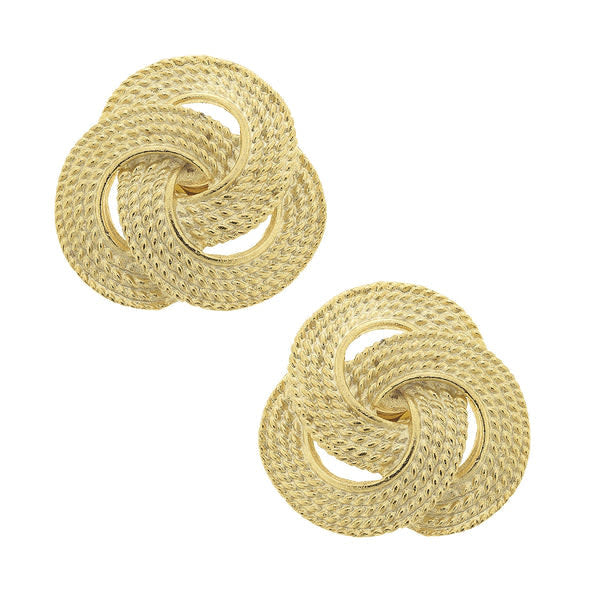 Triple-plated gold Spencer stud earrings with knot-shaped backs.