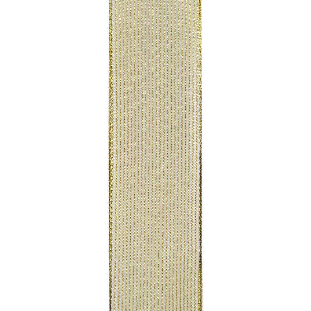 Vertical view of gold mesh metallic wired edge ribbon on a white background.