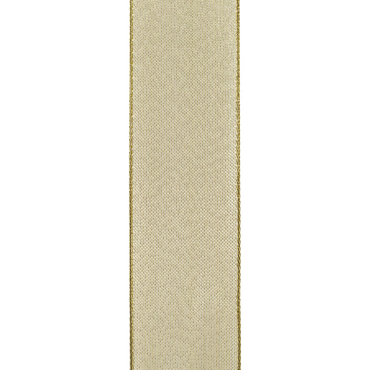 Vertical view of gold mesh metallic wired edge ribbon on a white background.