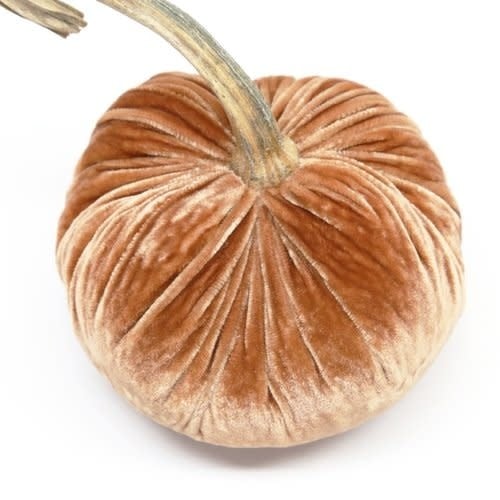 Handmade orange velvet pumpkin with a natural stem.