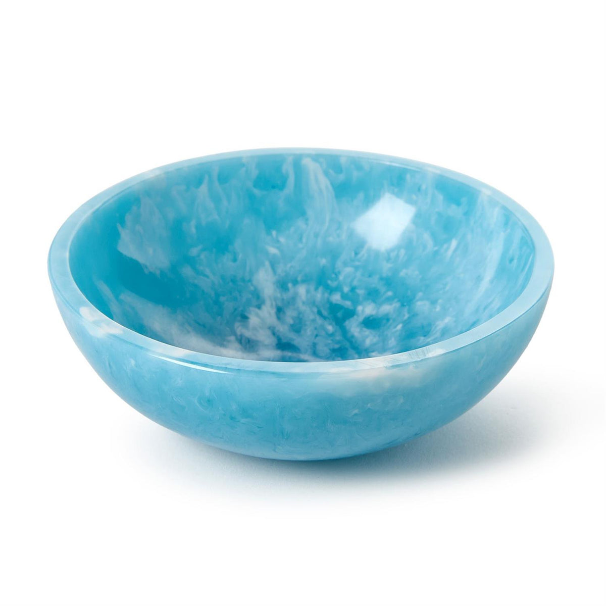 Blue and white marbled resin round tidbit bowl on a white background.