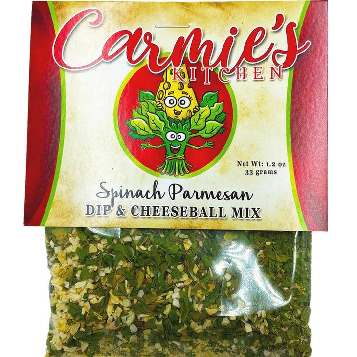 Bag of Spinach Parmesan Dip Mix with visible spinach pieces on a white background.