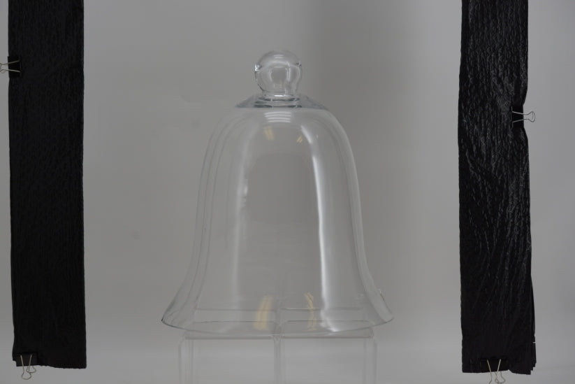 Glass cloche bell jar with a domed lid measuring 13 inches wide by 16 inches tall.