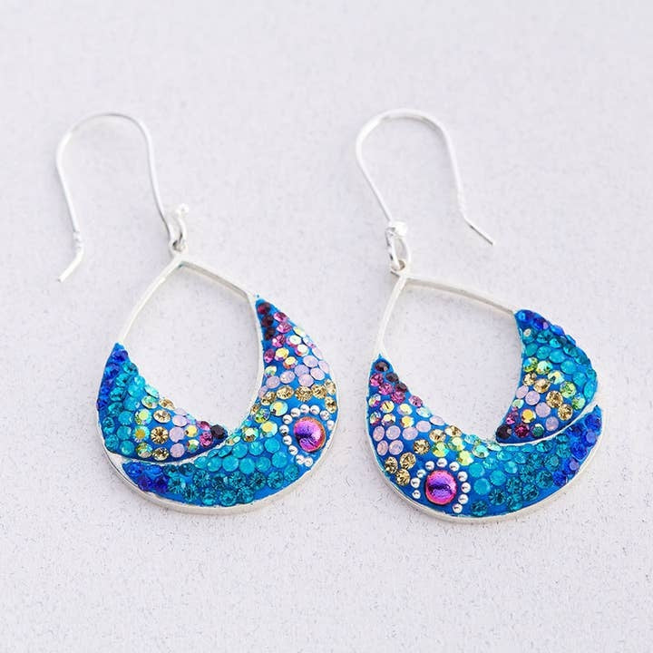 Sterling silver split pear earrings with Austrian crystals forming a sparkling geometric pattern.