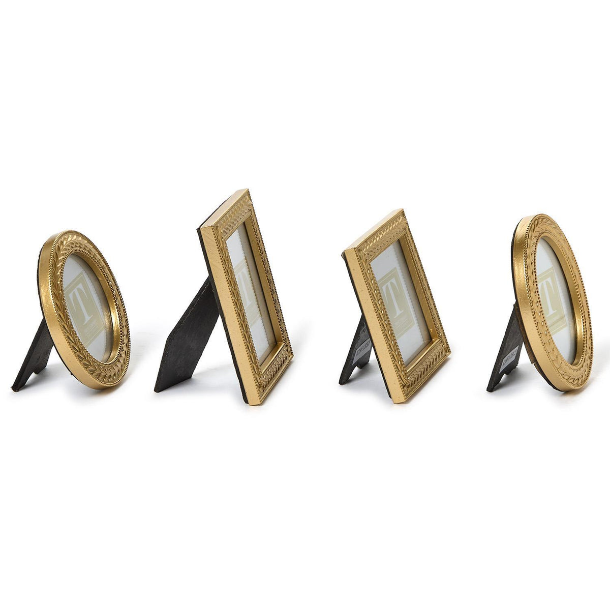 Four assorted gold laurel wreath photo frames in round, oval, and rectangular shapes.