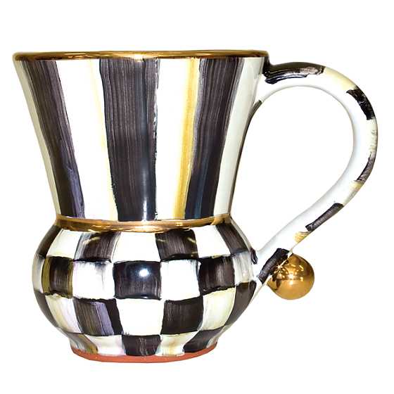Hand-painted ceramic mug with black and white stripes, checkers, and gold lustre accents.