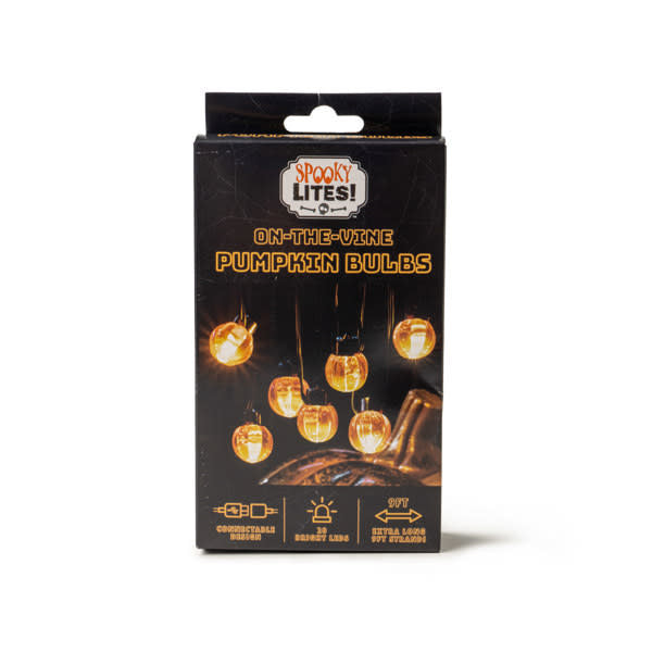 String of nine orange LED pumpkin lights on a green wire with dual power options.
