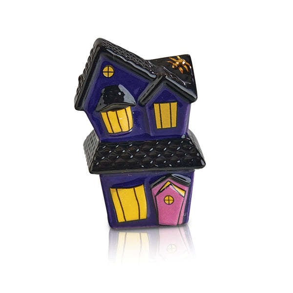 Haunted house plush toy with creaky door and crooked window in black fabric.