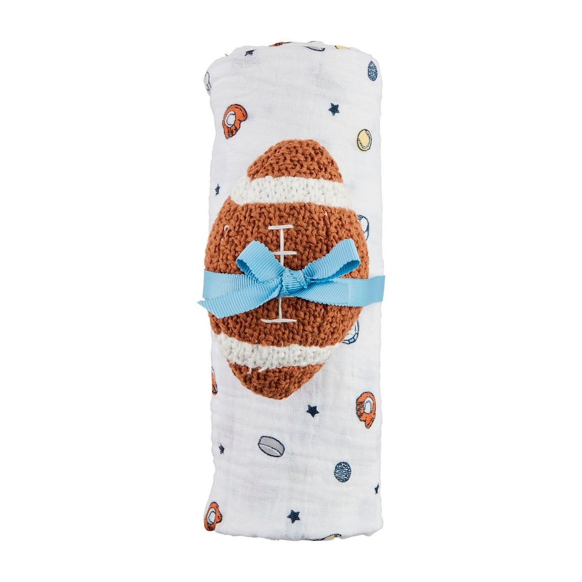 Sports-themed muslin swaddle blanket with football rattle toy in red and white pattern.