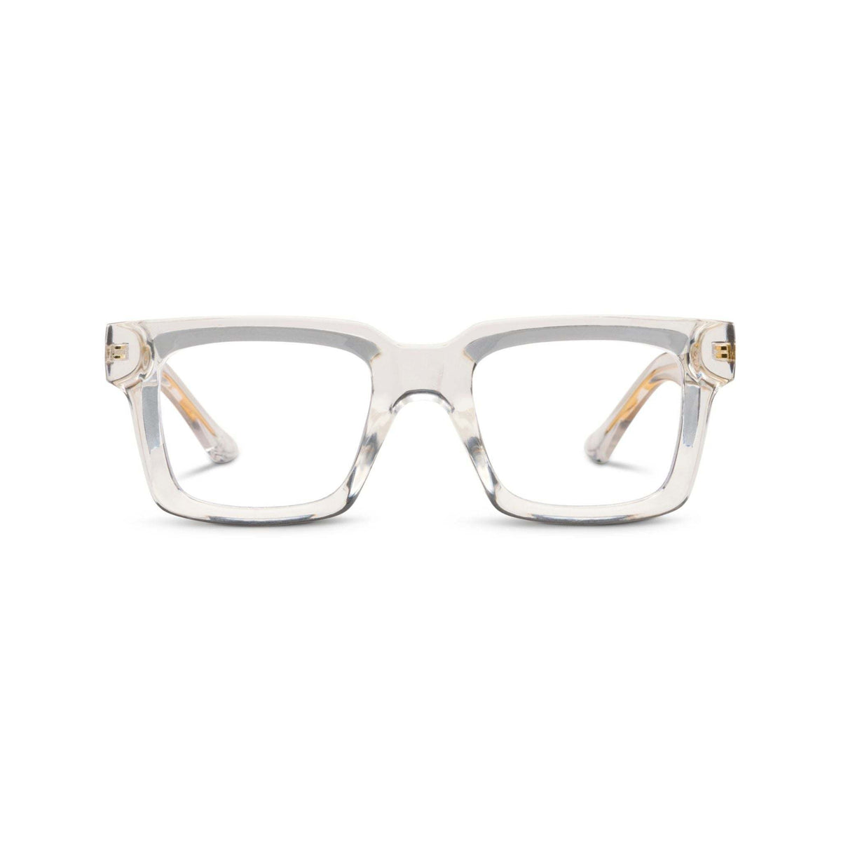 Clear polycarbonate square eyeglass frames with wire-core temples in optical fit.