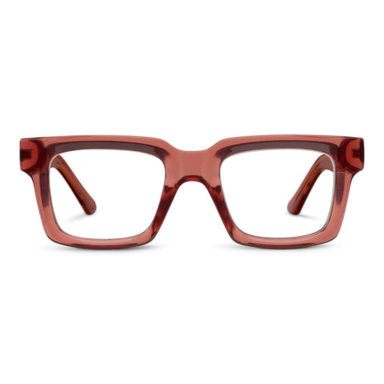 Rose gold square eyeglasses with wire-core temples on a white background.
