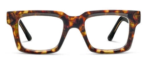 Spotlight eyeglasses with tortoise-shell frames and black lenses in a square silhouette.