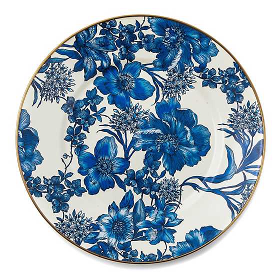 Royal English Garden Enamel Dinner Plate with blue floral pattern and bronzed rim.