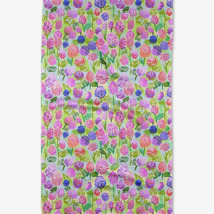 Spring Tea Towel in waffle weave with a clover pattern on recycled polyester.