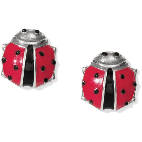 Silver-plated mini post earrings featuring hand-enameled multi-colored ladybug silhouettes.