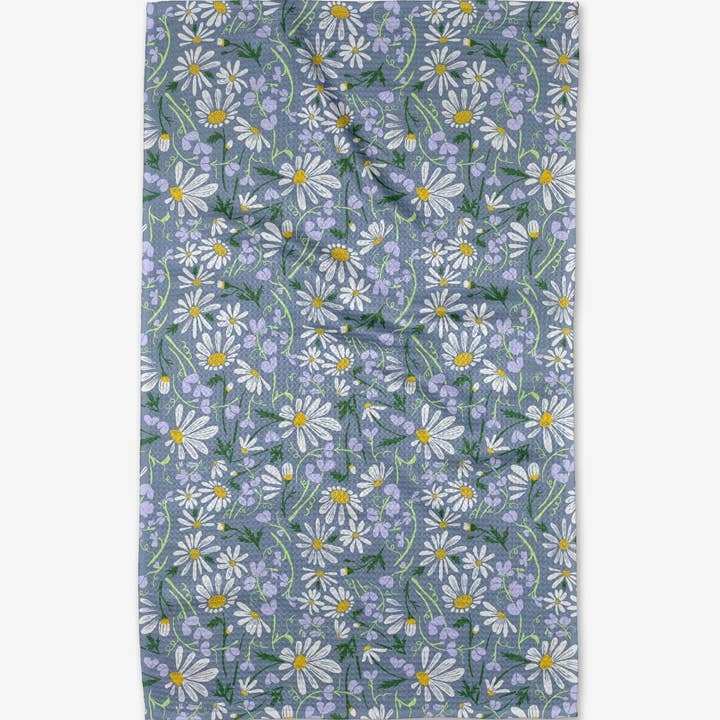 Spring-themed tea towel with floral print in waffle weave construction