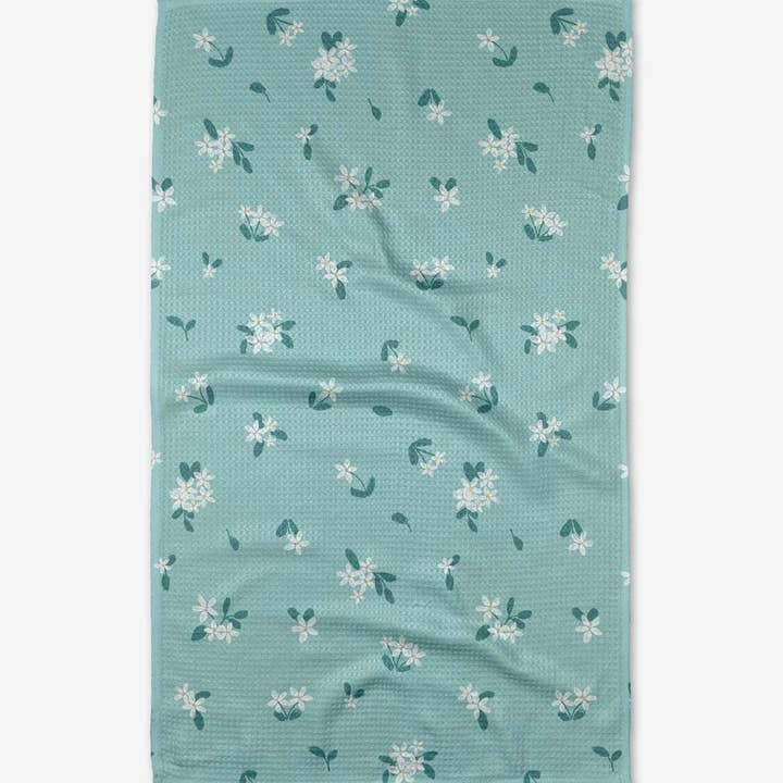 Spring Tea Towel in Robins Eggs waffle weave with blossom breeze floral print and hang loop