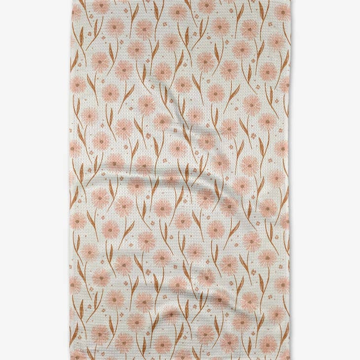 Spring tea towel with daisy pop floral print on waffle weave recycled polyester
