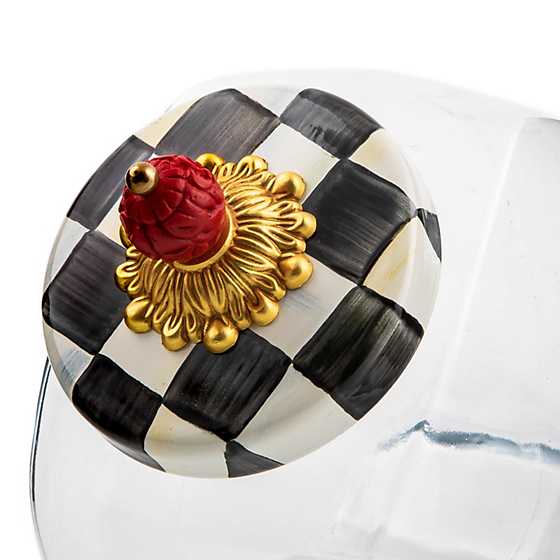 Glass sips jar with Courtly Check enamel lid featuring brass accents