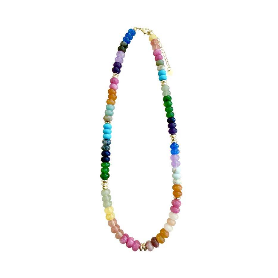 Kerry Beaded Necklace featuring a dark rainbow mix of colorful stones and 18k gold-plated beads.