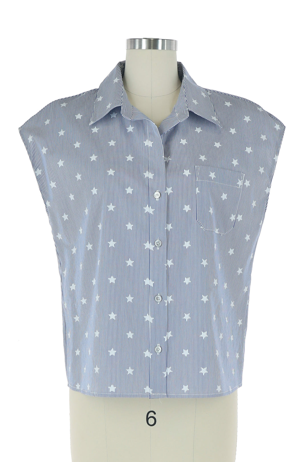 Everly collared top in white with vertical stripes and scattered star motifs