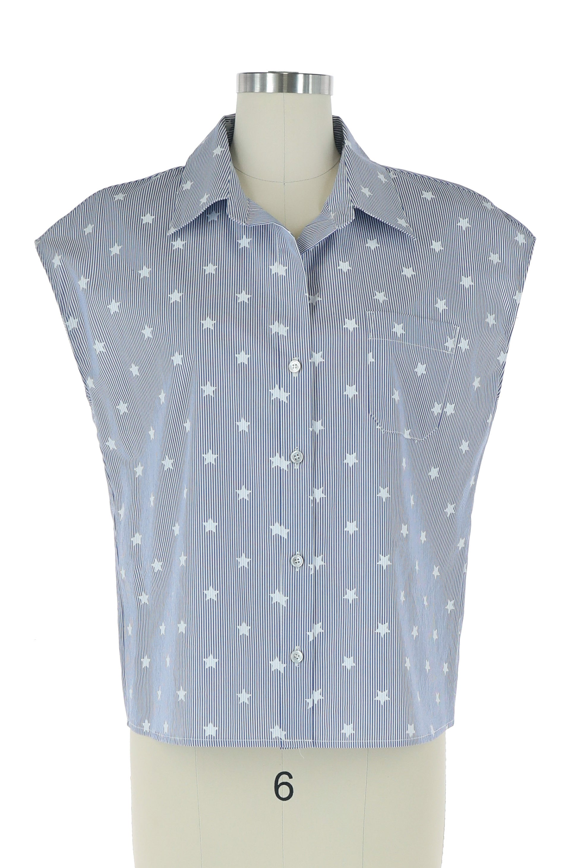 Everly collared top in white with vertical stripes and scattered star motifs