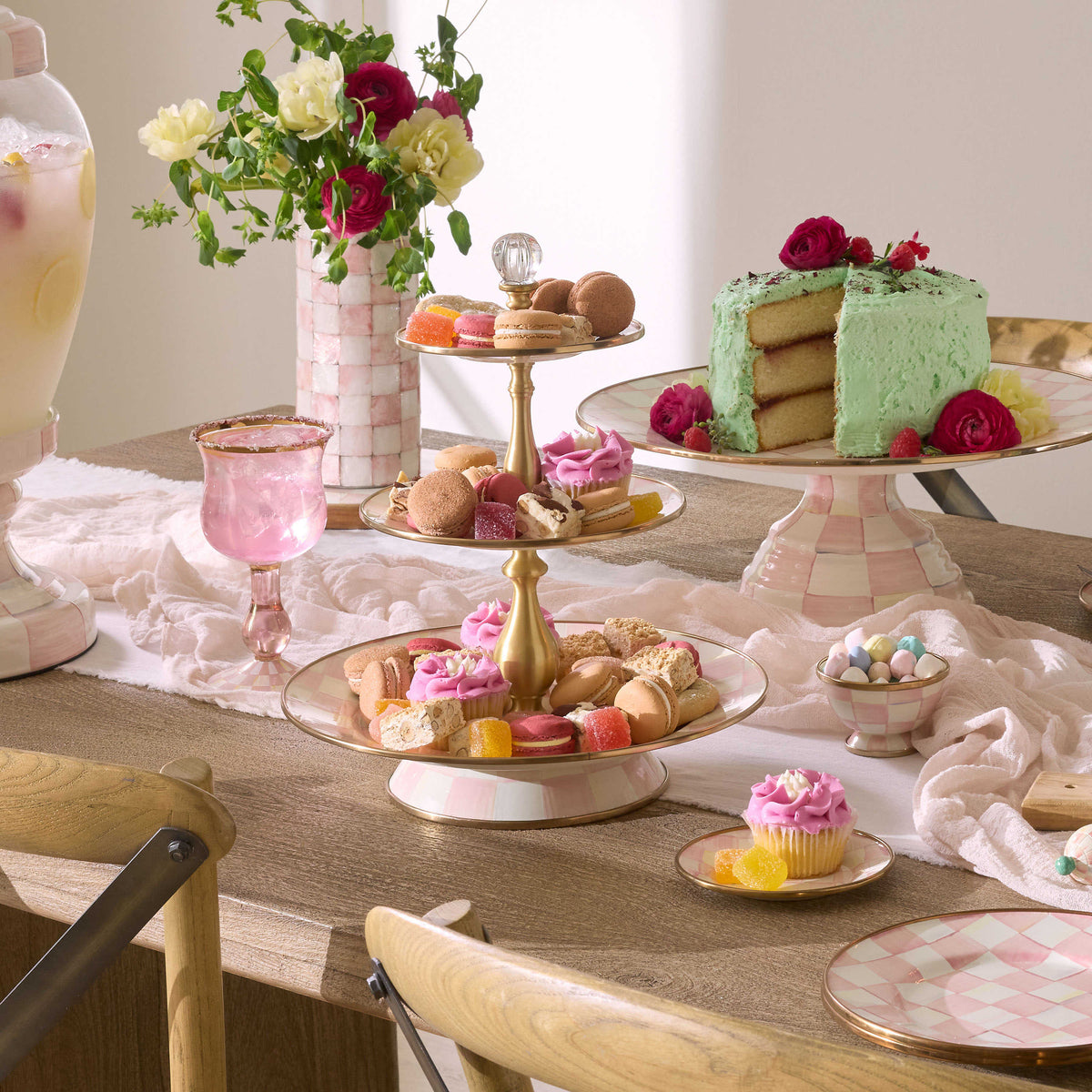 Rosy Check Three Tier Sweet Stand with pink and white hand-painted patterns and brass hardware.