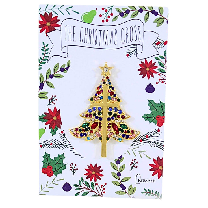 Christmas Cross Tree Pins: metal pin with red cross tree silhouette on green enamel background