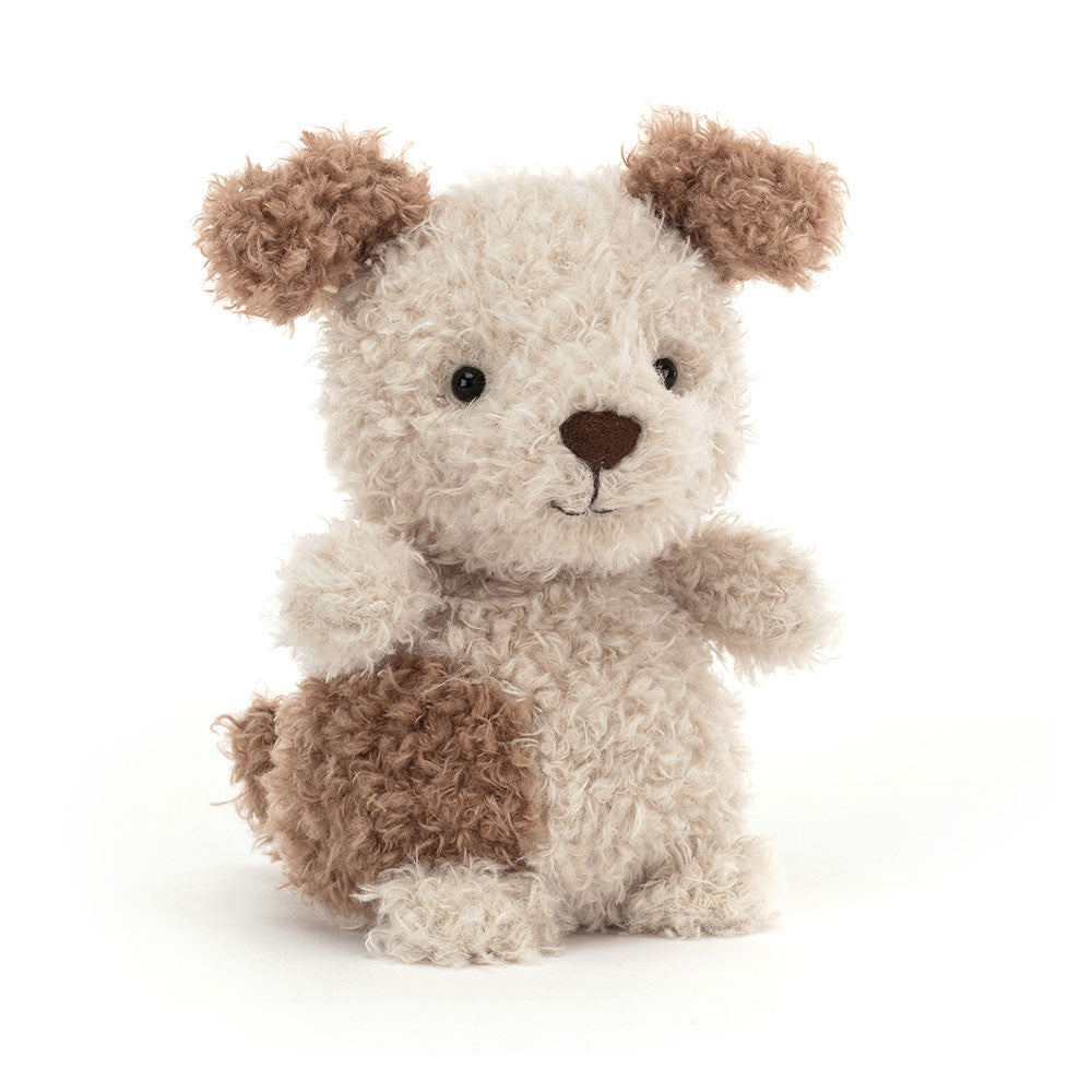 Little Pup plush toy with curly beige and brown fur, floppy ears, and a dark brown nose.