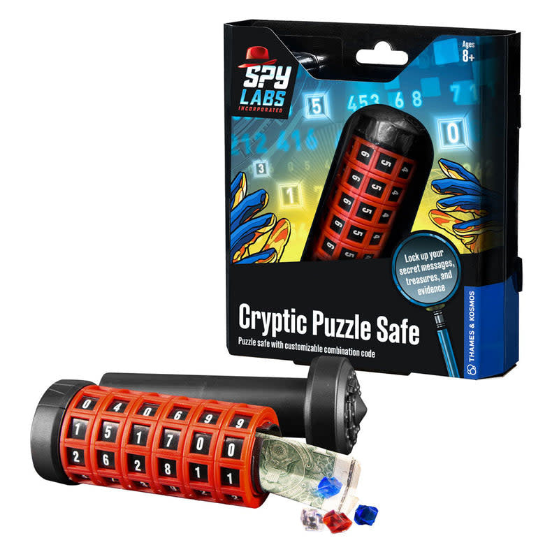 Spy Labs Cryptic Puzzle Safe in black with a silver combination dial on the front.
