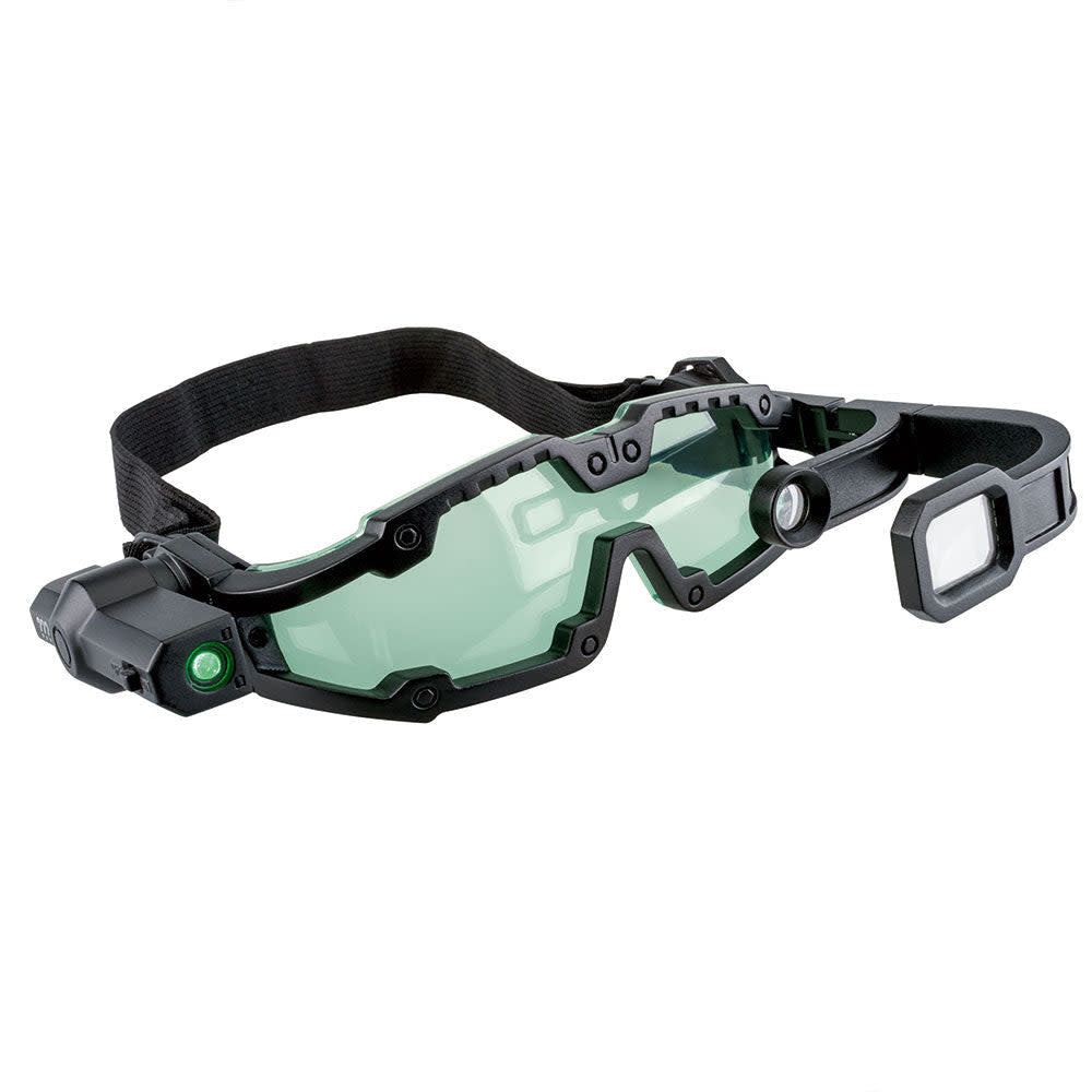 Black plastic night vision goggles with fold-out magnifying lens and scouting scope.