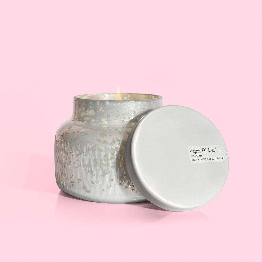 White Volcano Signature jar candle with etched mercury glass finish