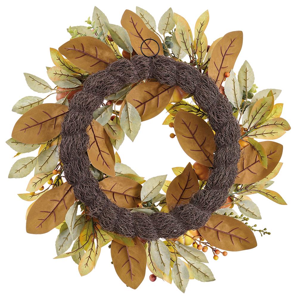 24-inch autumn wreath with orange pumpkins, berries, and green leaves on a brown twig base.