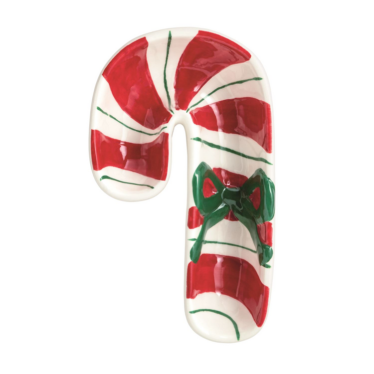 Hand-painted ceramic candy cane tidbit dish with red stripes and a raised green bow.