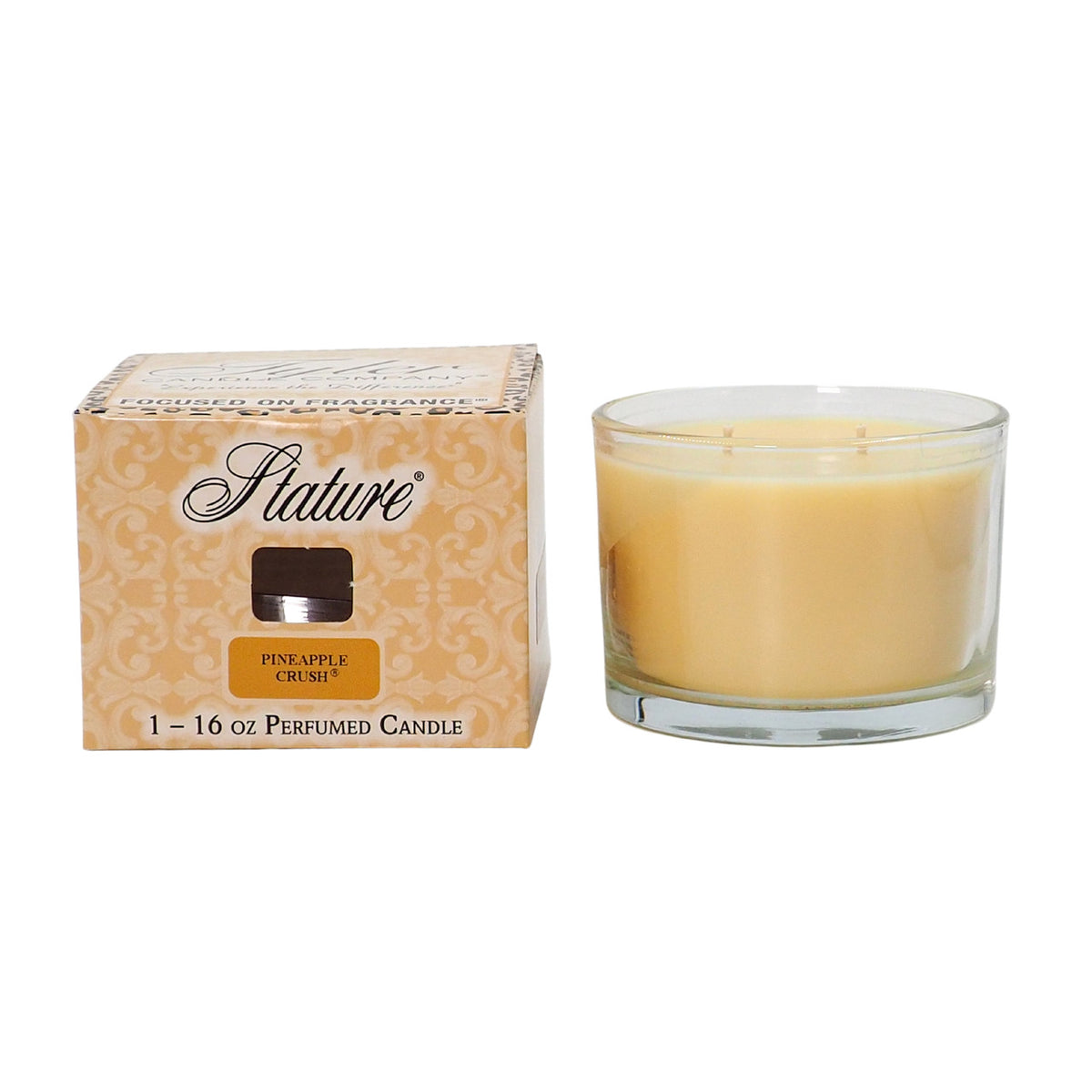 Clear glass candle jar with white soy wax blend inside a branded box.
