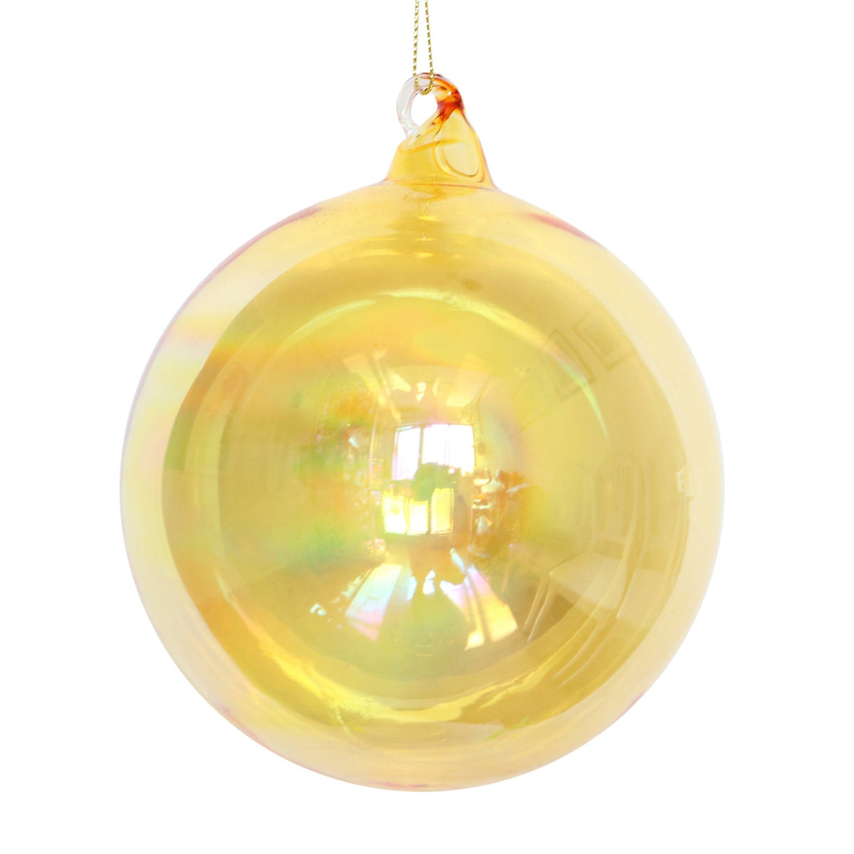 120mm yellow iridescent bottle glass ball ornament with a glossy, reflective finish.