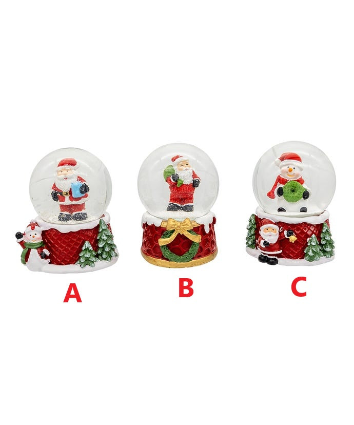 45mm resin water globe featuring a Santa Claus figure inside with snowman accents.