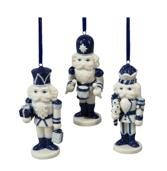 Blue plastic nutcracker ornament with wire frame construction