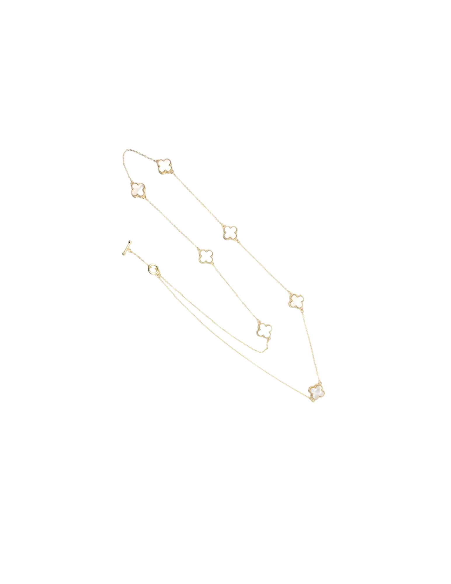 Magic Clover long gold chain necklace with white mother-of-pearl quatrefoil motifs.