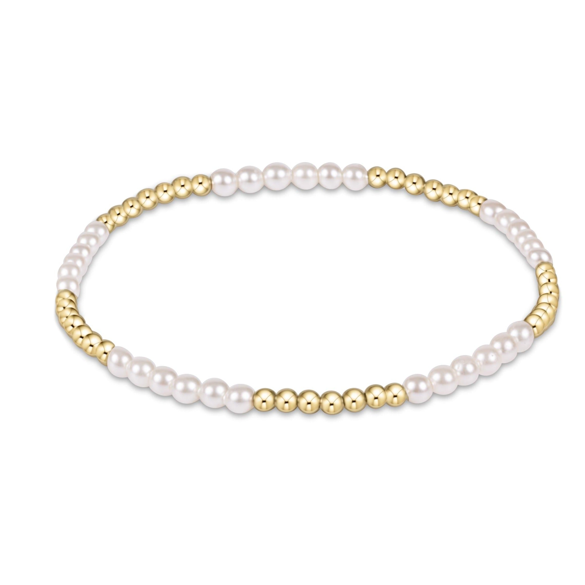 Classic Blissful Pattern bracelet with 2.5mm gold-filled beads and 3mm white pearls on elastic.