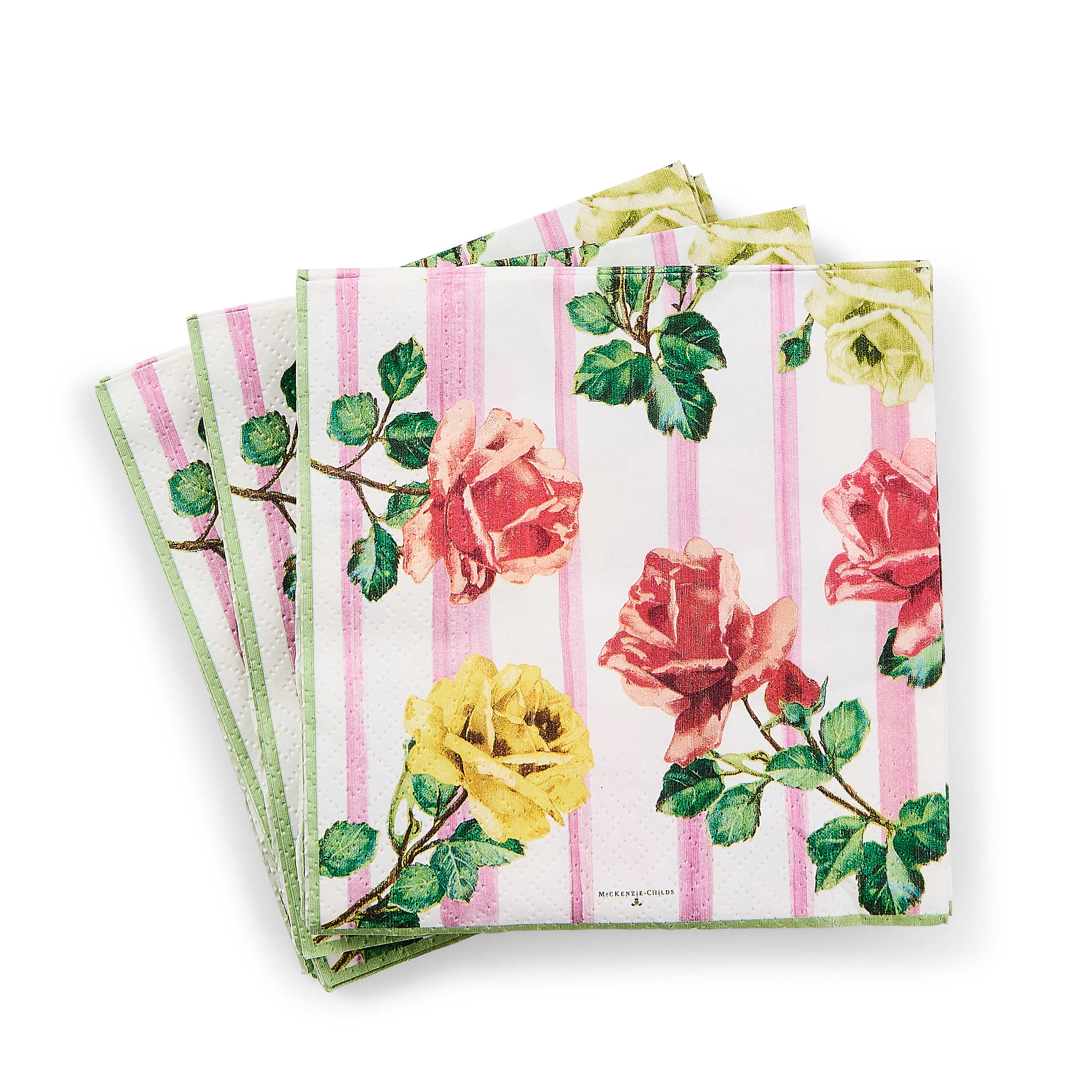 Stack of Garden Gala Cocktail Paper Napkins with pink stripes and floral rose patterns.