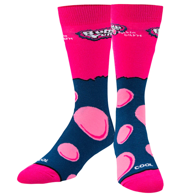 Pair of navy blue crew socks with pink bubblegum bubbles and "Bubble Yum" logo.