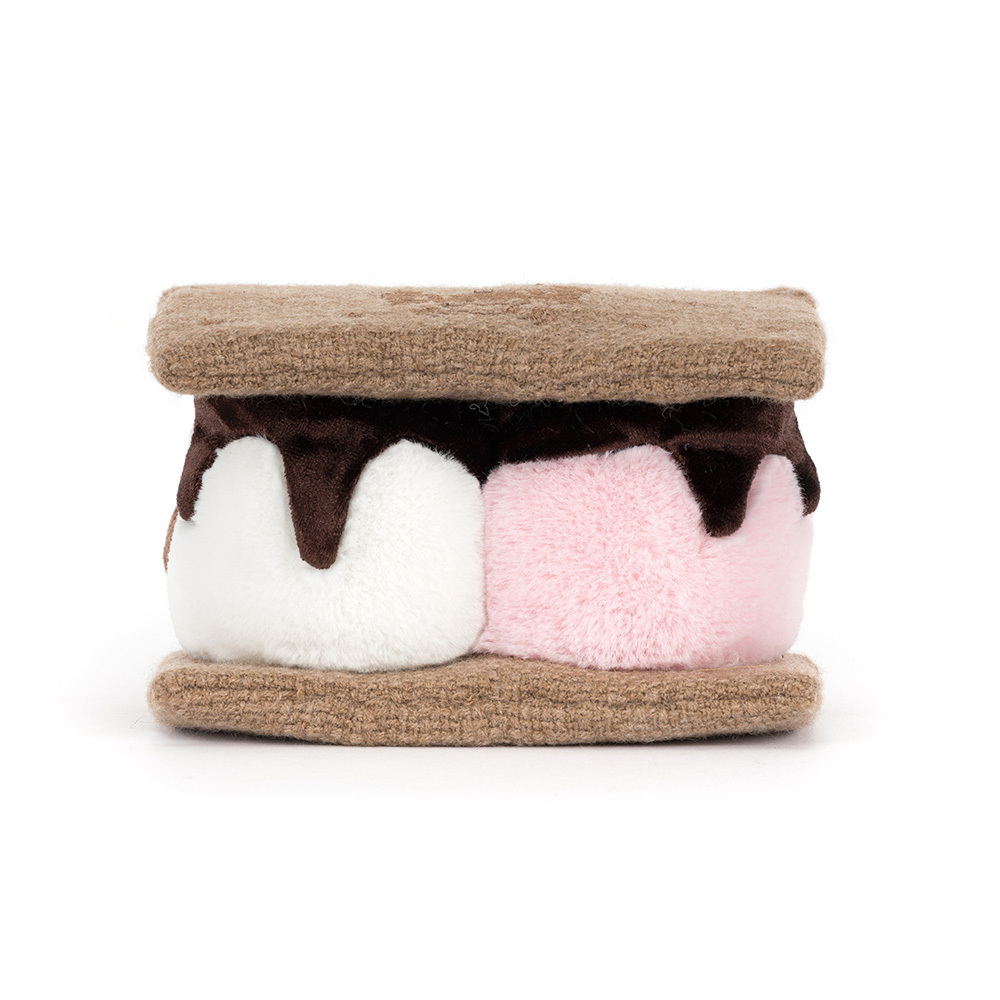 Plush s'more toy with two fluffy marshmallows, chocolate drizzle, and soft graham crackers.