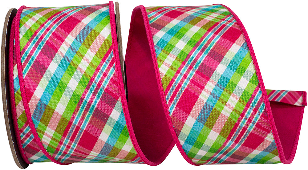 Plaid Festivity Deluxe Dupioni wired edge ribbon with pink, green, and blue checkered pattern.
