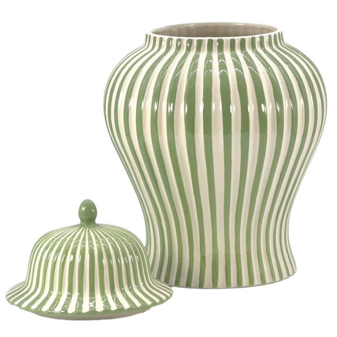 18-inch green and white candy cane striped ceramic vase with a matching lid.